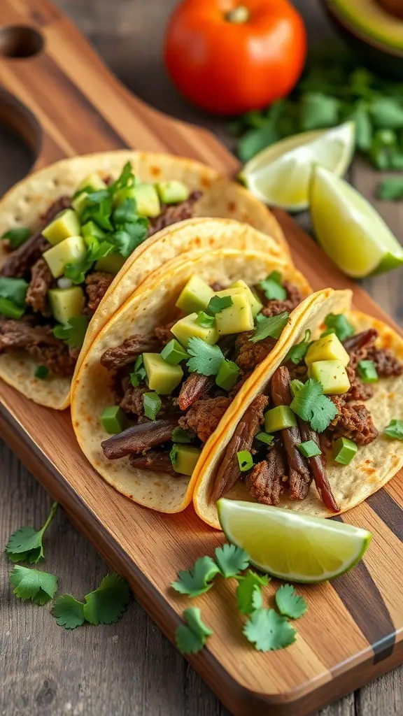 Three beef tacos topped with avocado, cilantro, and lime on a wooden board.