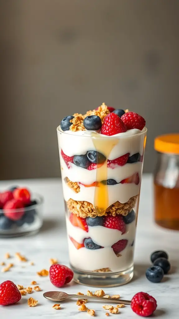A delicious Greek yogurt parfait with layers of yogurt, berries, and granola in a glass.