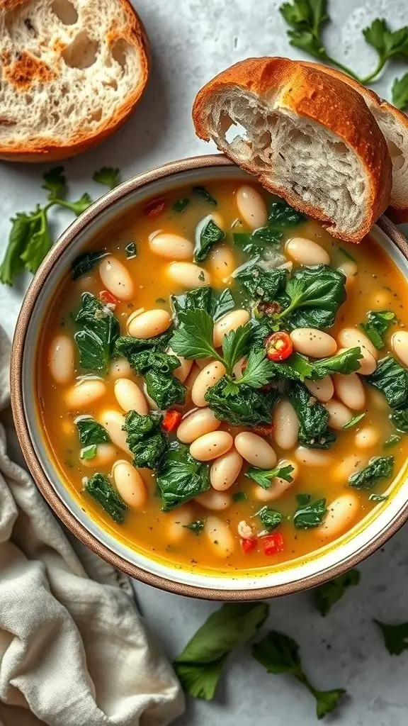 A bowl of Tuscan White Bean and Kale Soup with crusty bread on the side.