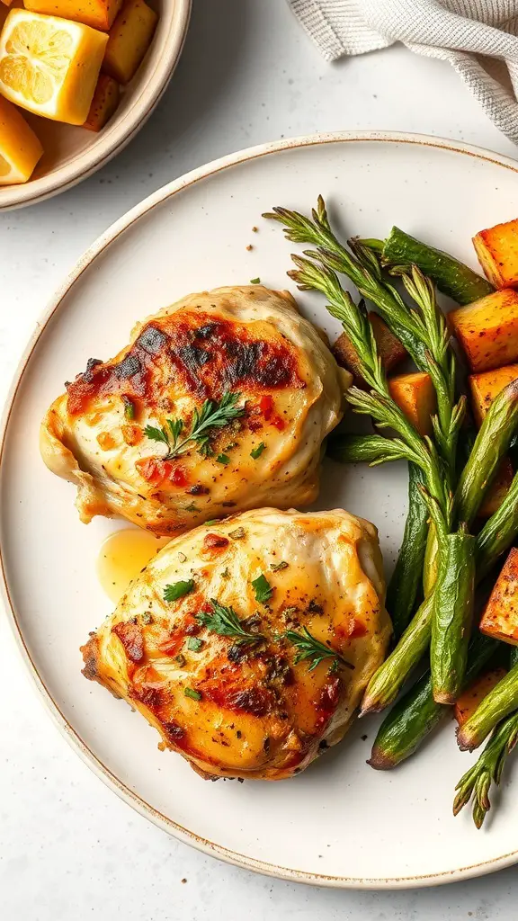 Plate of Lemon Garlic Herb Chicken Thighs with green beans and sweet potatoes