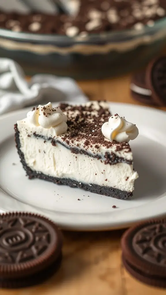 A slice of No-Bake Oreo Pie on a plate with whipped cream and crushed Oreos