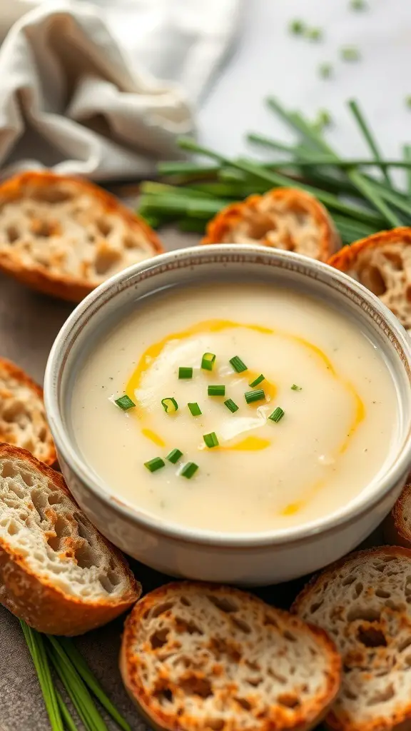A bowl of creamy potato and leek soup surrounded by slices of bread and fresh chives.