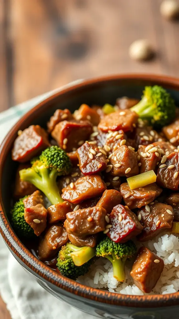 A bowl of beef and broccoli stir-fry served over rice.