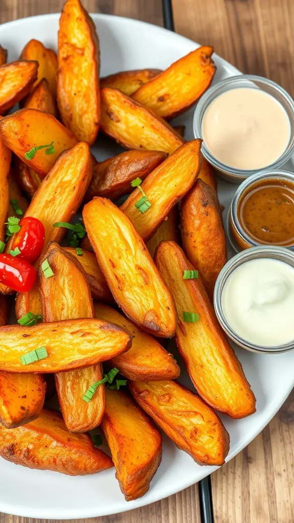 A plate of crispy potato wedges served with three different dipping sauces.