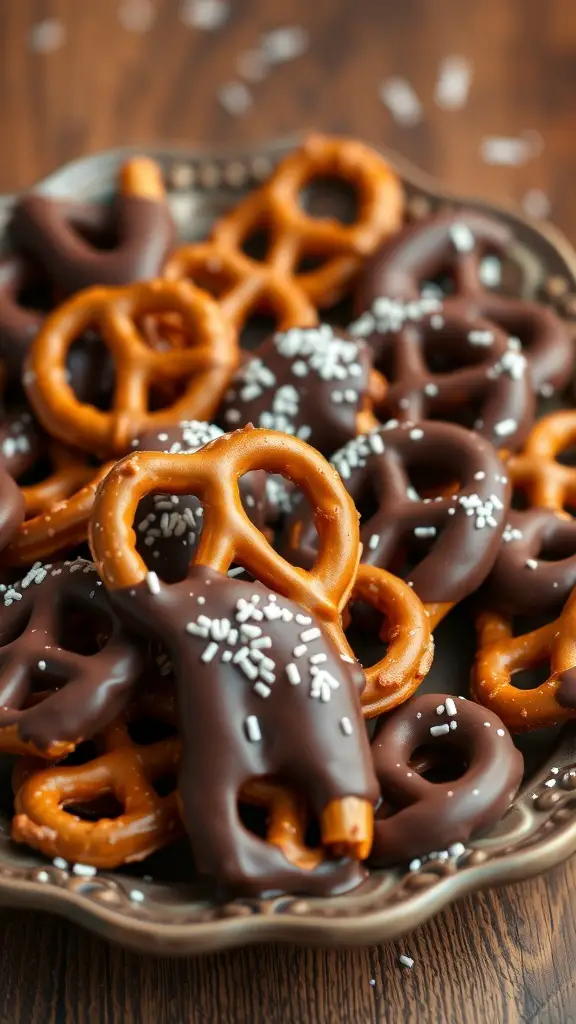 A plate of chocolate dipped pretzels with sprinkles