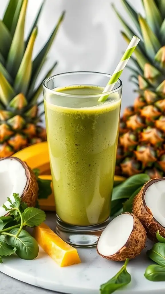 A refreshing Tropical Green Delight smoothie with spinach, coconut, and pineapple, served in a glass with a straw, surrounded by fresh ingredients.