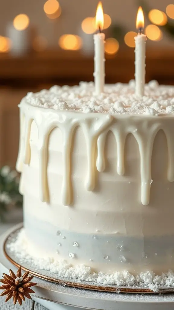 A beautifully decorated winter wonderland cake with icicle sugar decorations and two candles on top.