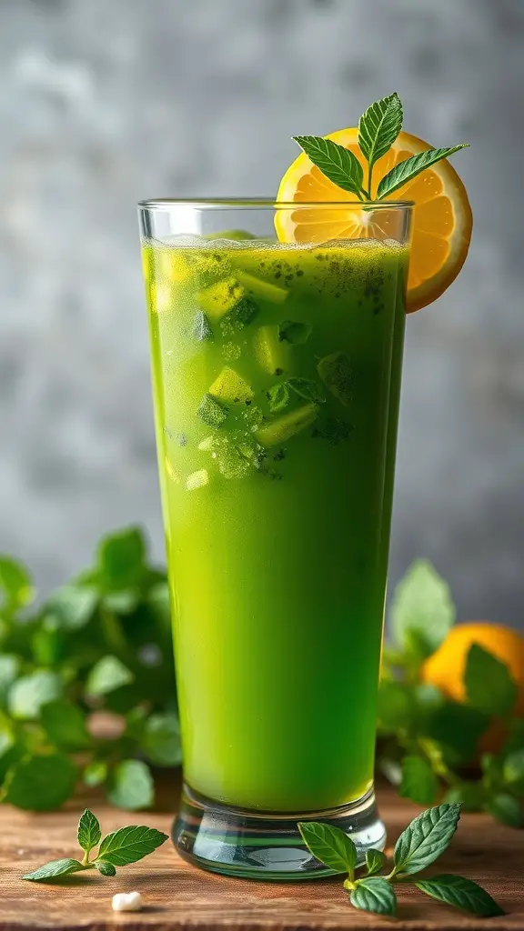 A refreshing glass of Herbal Green Tea Veggie Juice with lemon and mint garnish.
