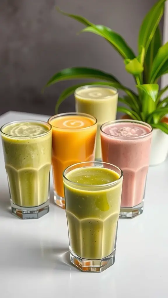 Five colorful smoothies in glasses, showcasing a variety of flavors and ingredients.