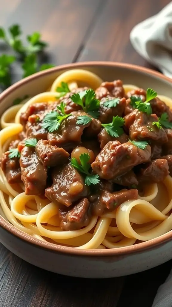 A bowl of Beef Stroganoff with noodles, garnished with fresh herbs.