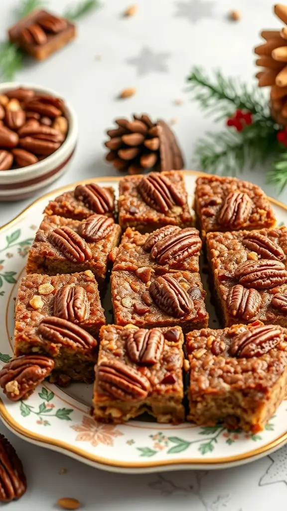 A plate of maple pecan pie bars topped with pecans, surrounded by festive decorations.
