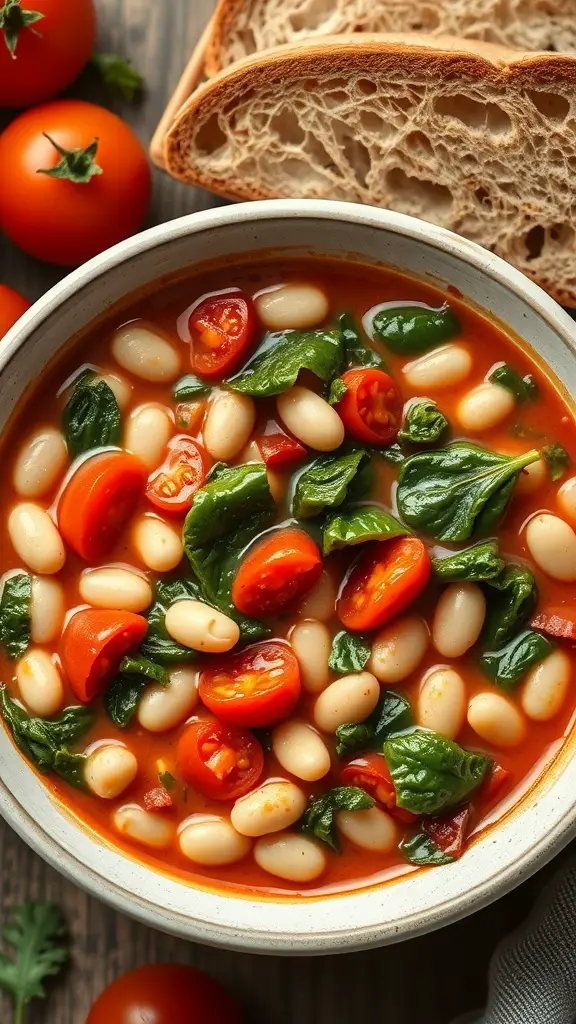 A bowl of Tuscan White Bean Stew with spinach and tomatoes, served with bread.