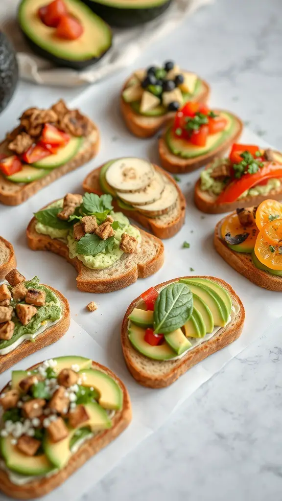 A variety of avocado toast topped with colorful ingredients like tomatoes, cucumbers, and herbs.