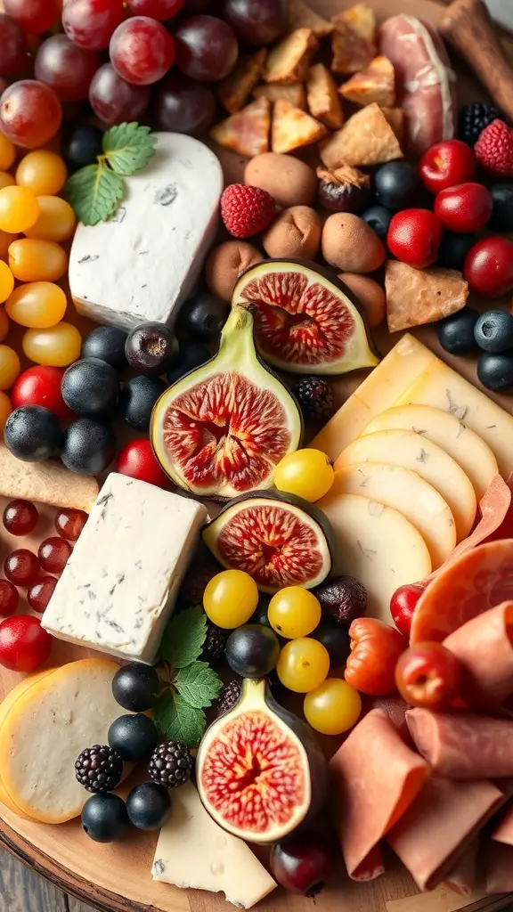 A vibrant charcuterie board featuring fresh fruits like grapes, figs, and berries alongside various cheeses and meats.