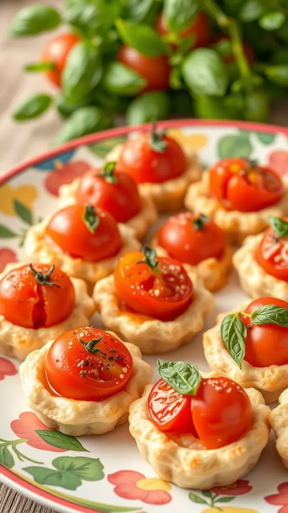 A colorful plate of Tomato and Basil Puff Pastry Bites topped with cherry tomatoes and fresh basil.