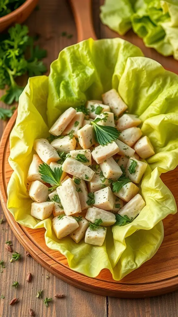 A bowl of chicken salad in lettuce leaves, garnished with herbs.