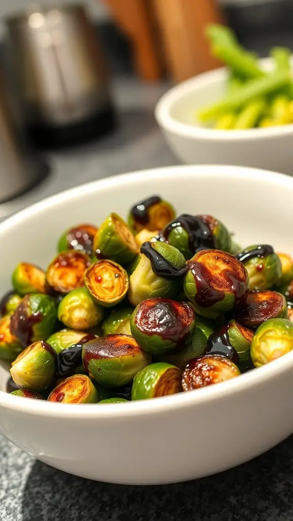 A bowl of roasted Brussels sprouts drizzled with balsamic glaze.