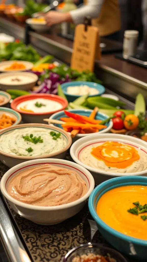 A variety of colorful dips and spreads in bowls, ready for a salad bar party.