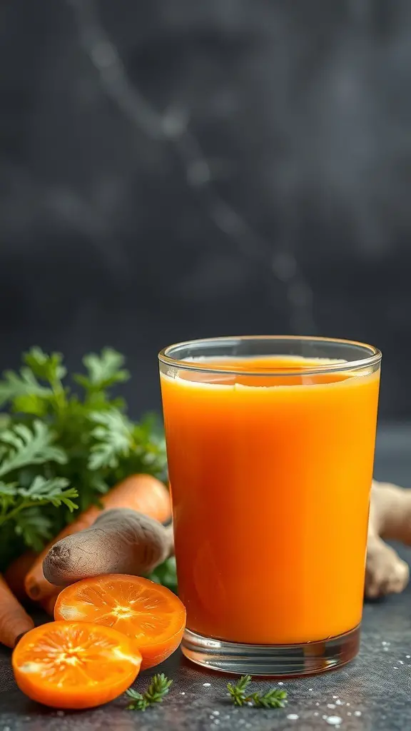 A glass of vibrant orange carrot ginger juice with fresh ingredients around it.