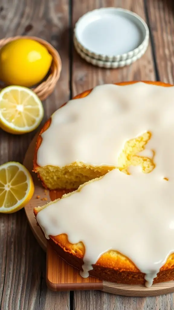 A lemon yogurt cake with a glossy glaze, surrounded by fresh lemons and cut into slices.