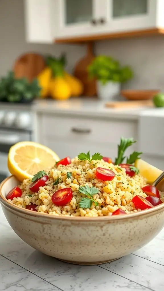 A bowl of zesty lemon herb quinoa with cherry tomatoes and lemon slices.