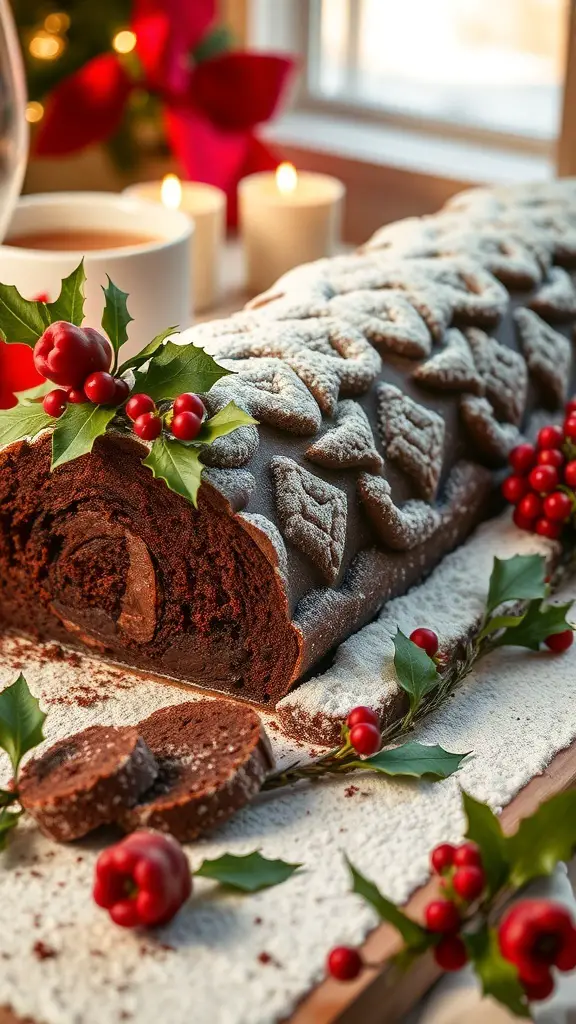 A beautifully decorated chocolate Yule Log with powdered sugar, holly, and red berries, set against a festive background.