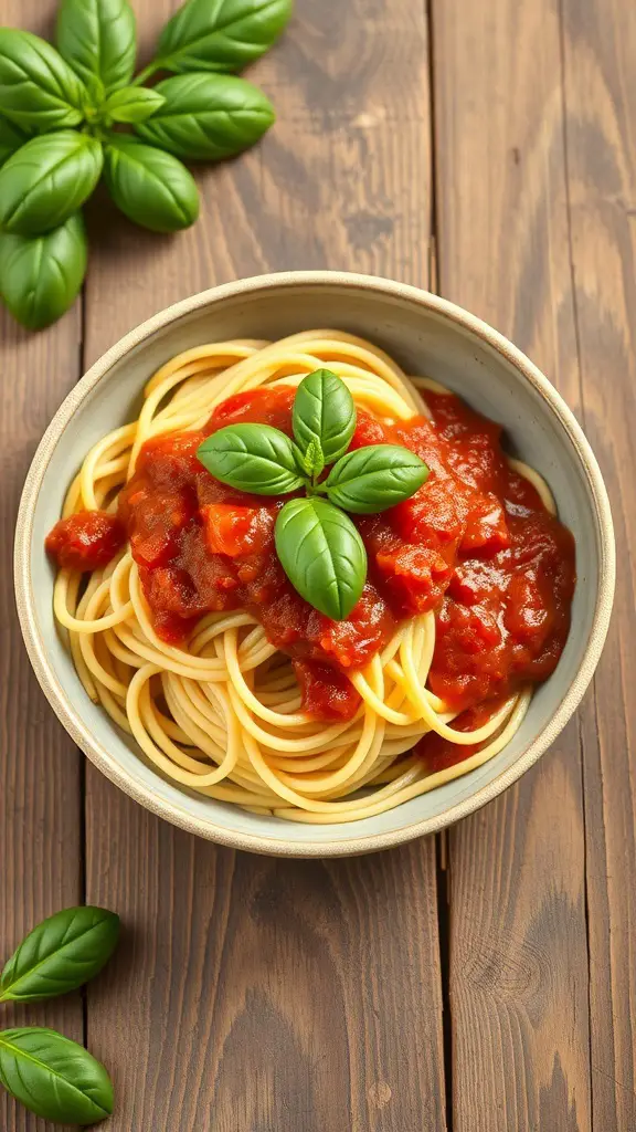 Bowl of spaghetti with marinara sauce and fresh basil leaves on a wooden table