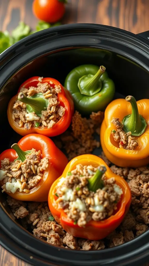 Colorful stuffed bell peppers with rice and meat in a crockpot