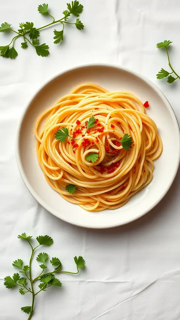 A plate of spaghetti aglio e olio garnished with herbs and red pepper flakes.