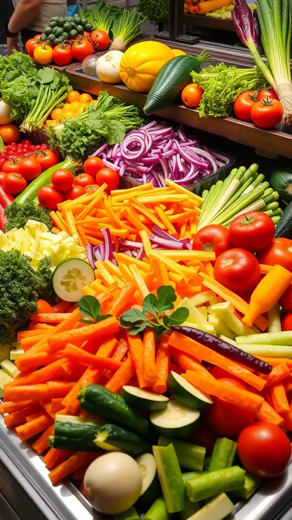 A colorful display of fresh vegetables including carrots, cucumbers, tomatoes, and broccoli arranged for a salad bar.
