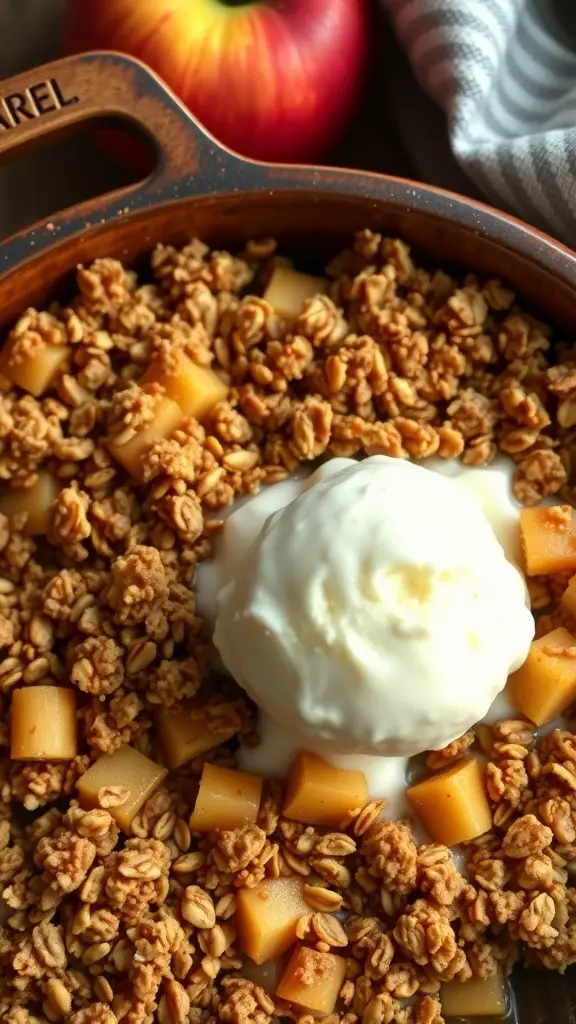 A delicious spiced apple crisp with oat topping and a scoop of vanilla ice cream on top, with a fresh apple in the background.