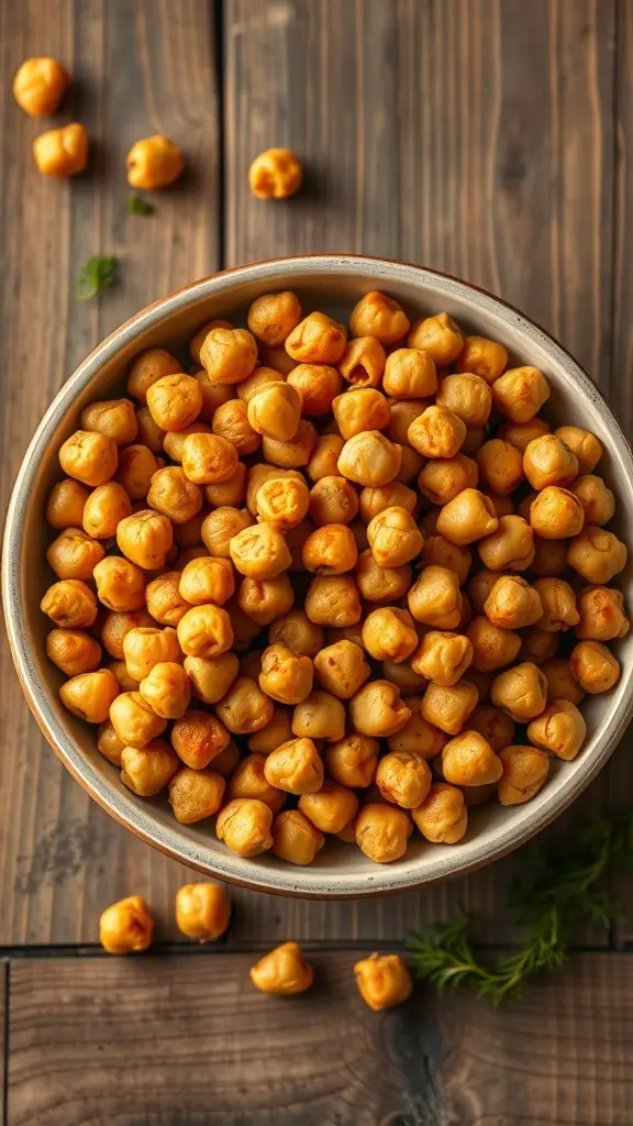 A bowl of roasted chickpeas with spices on a wooden table.