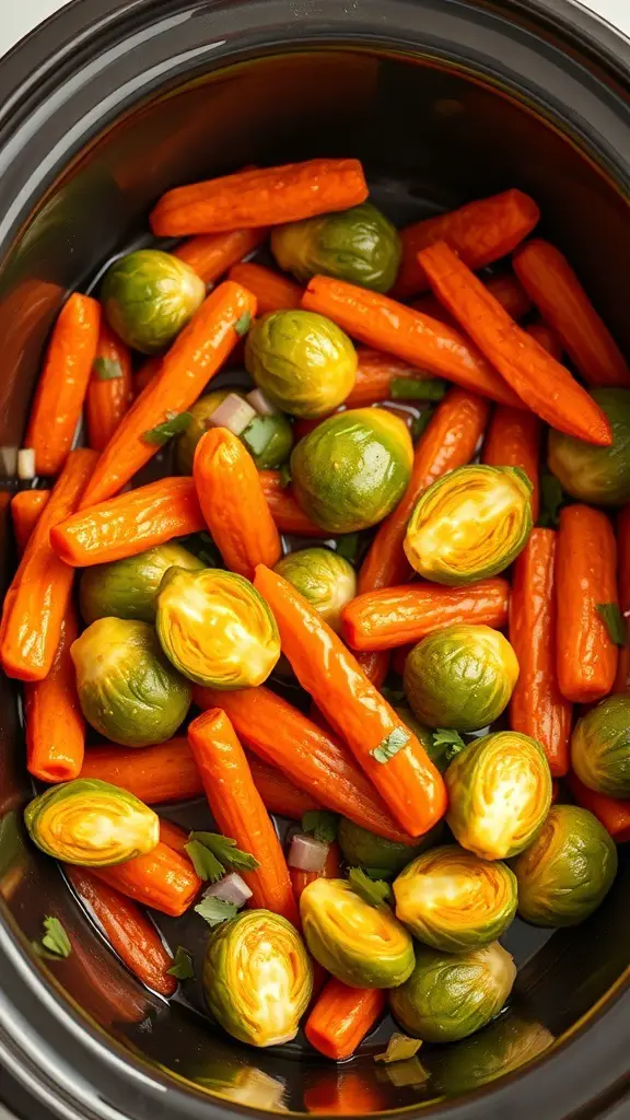A close-up view of maple glazed carrots and Brussels sprouts in a crockpot.