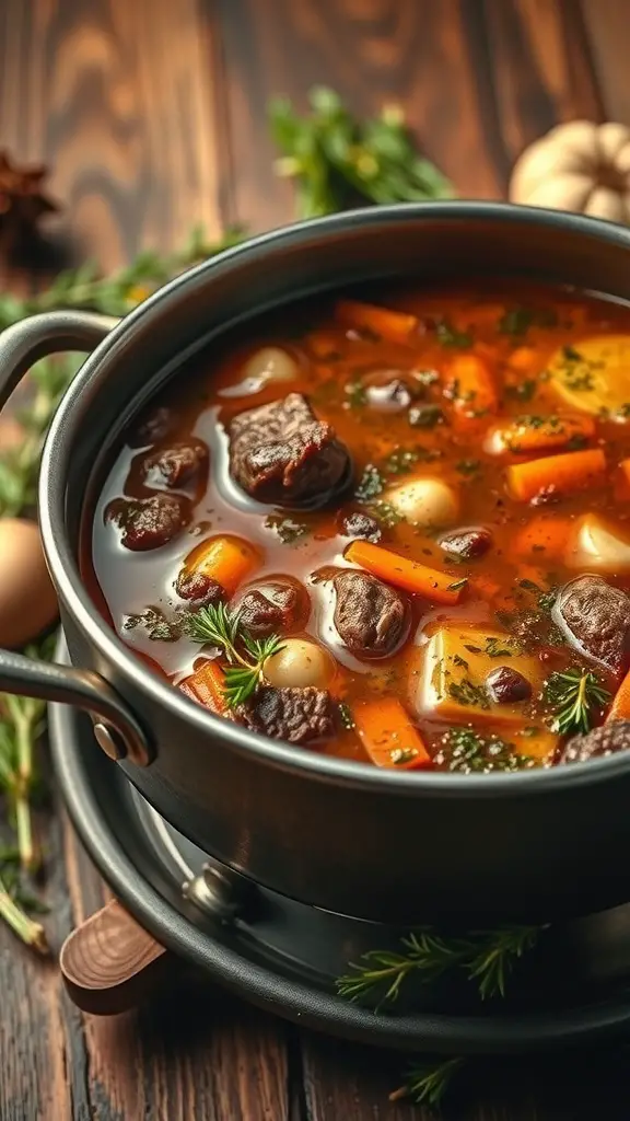 A pot of savory beef fondue broth with vegetables and herbs