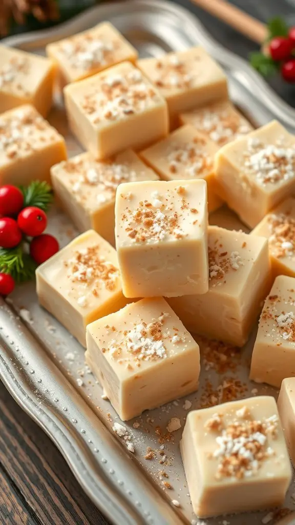 A tray of creamy Eggnog Fudge with Nutmeg squares, garnished with nutmeg and festive decorations.