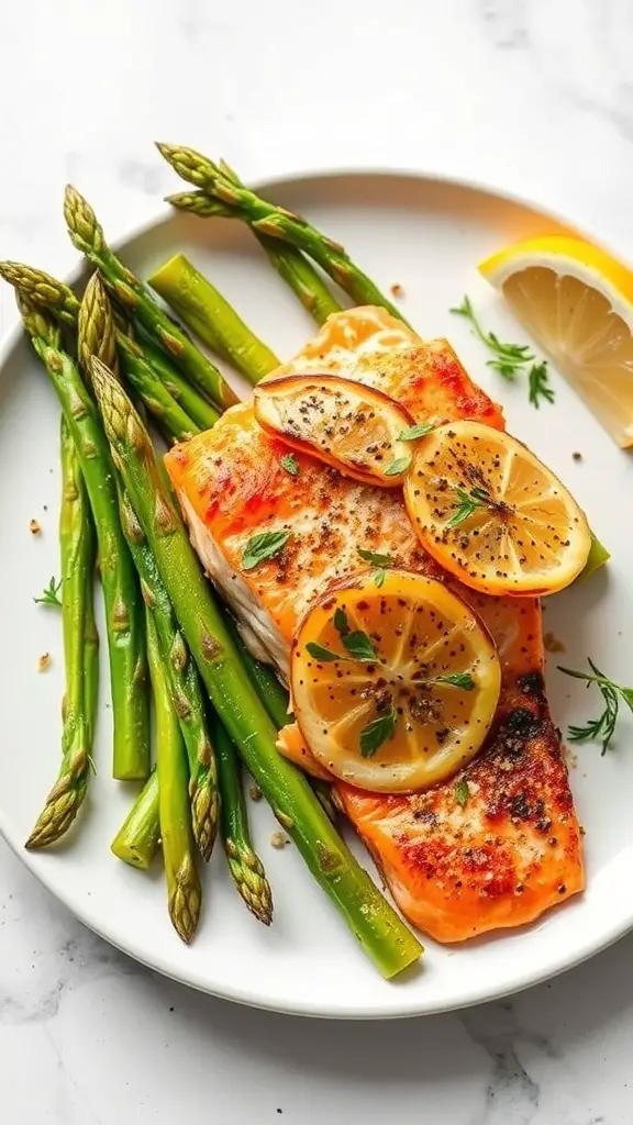 Crispy baked salmon with lemon slices and asparagus on a white plate.
