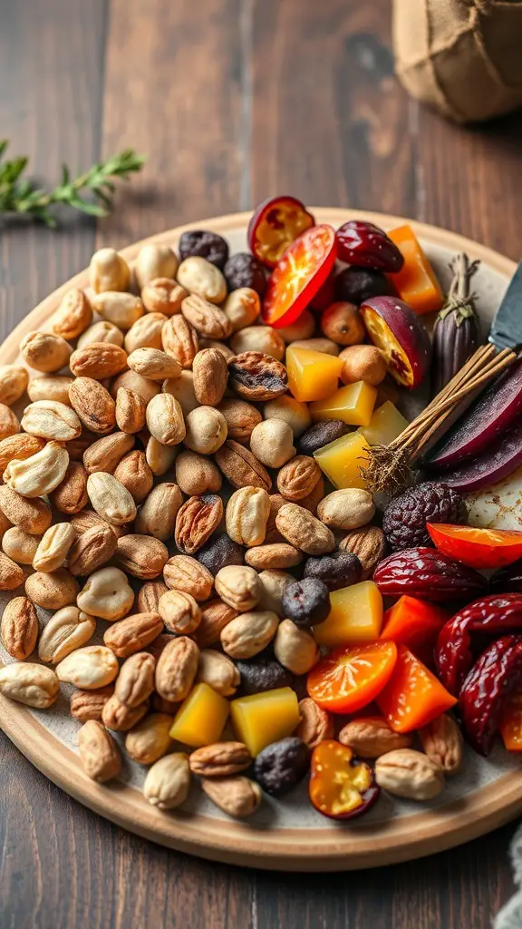 A charcuterie board featuring a variety of spiced nuts and dried fruits.