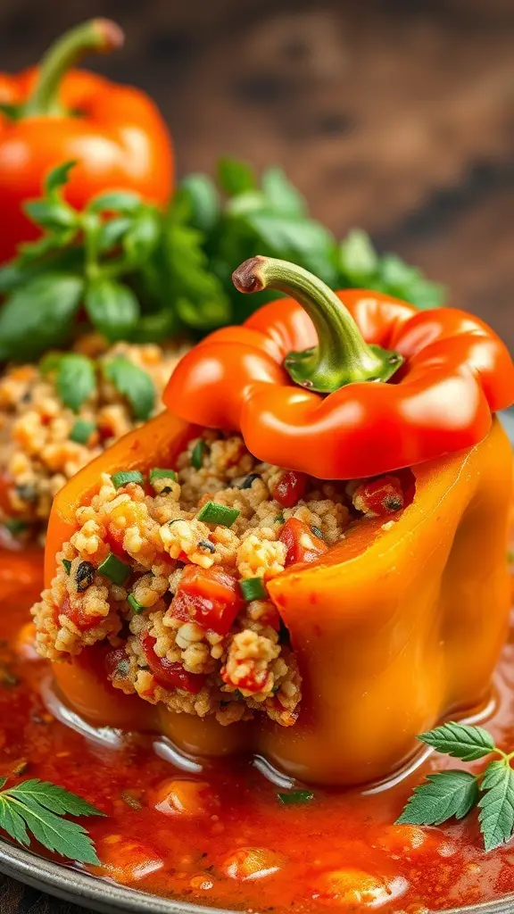 Stuffed bell peppers filled with quinoa and topped with fresh herbs
