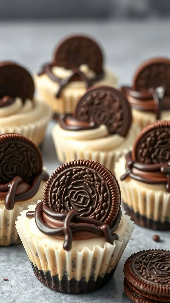 Mini Oreo cheesecakes topped with Oreos and chocolate drizzle