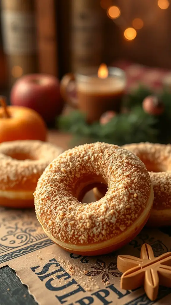 A close-up of spiced apple cider doughnuts with a sprinkle of cinnamon sugar, surrounded by apples and a warm drink.