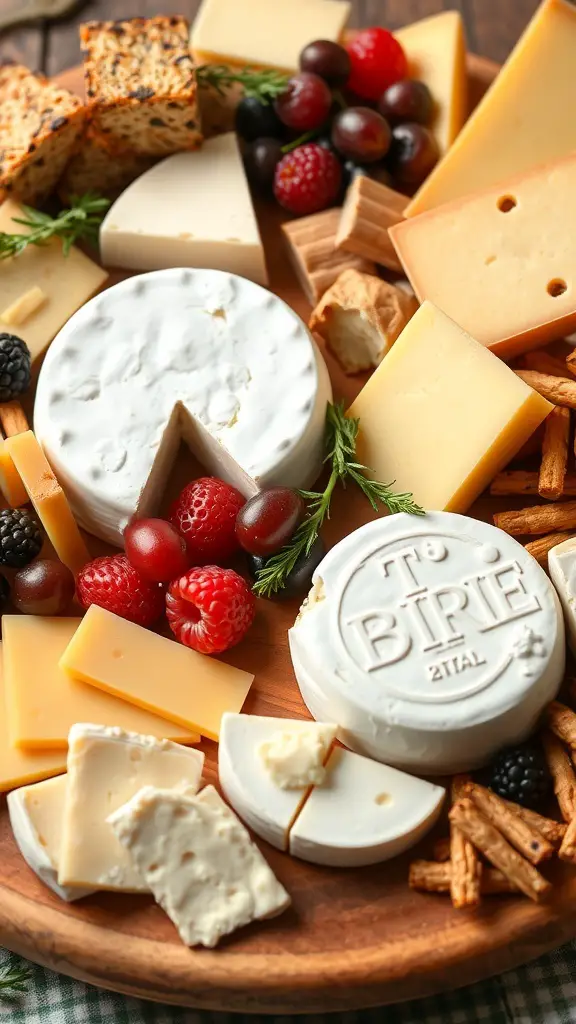 A variety of artisan cheeses arranged on a wooden platter with fruits and crackers.