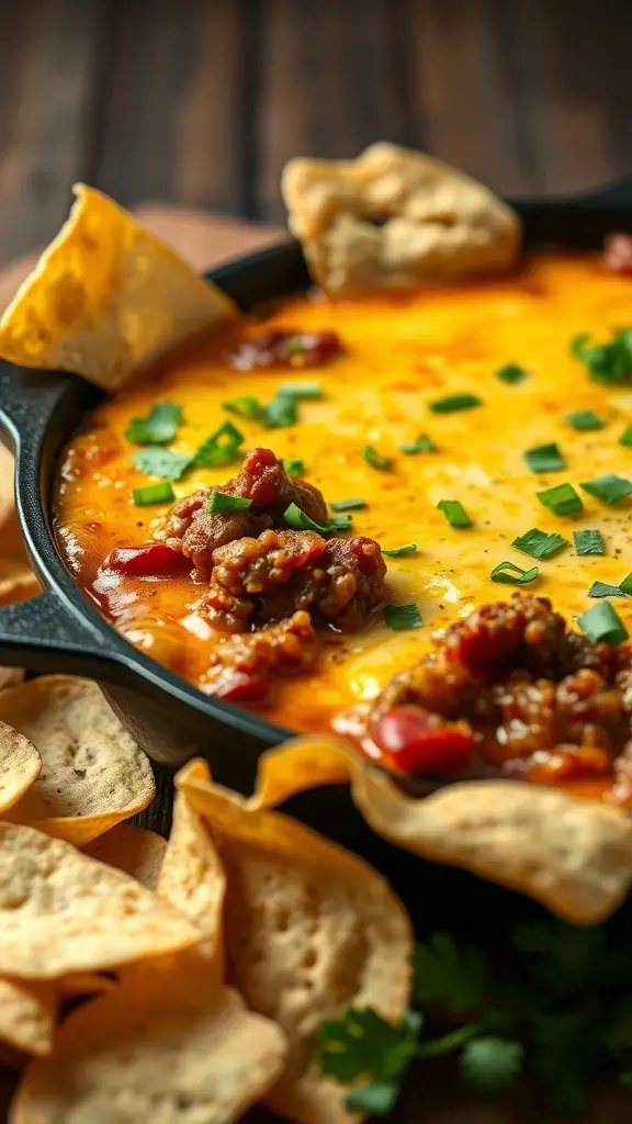 A skillet filled with melted cheese and chorizo, surrounded by tortilla chips.