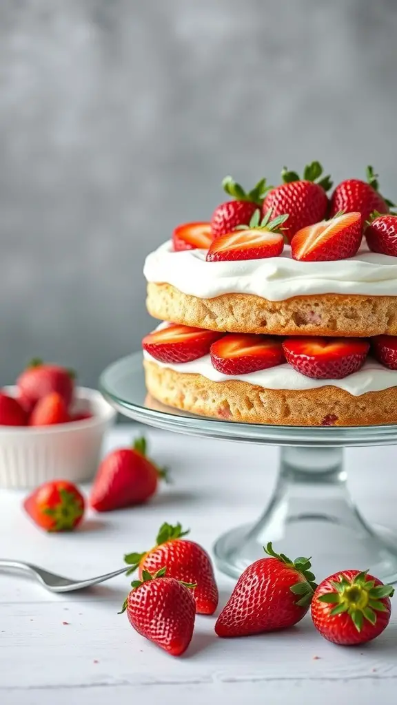 A beautiful vegan strawberry shortcake topped with fresh strawberries on a glass cake stand.