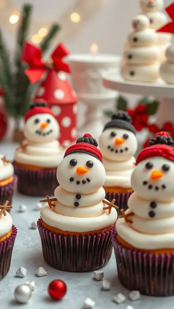 A display of snowman cupcakes decorated with frosting, candy hats, and chocolate buttons.