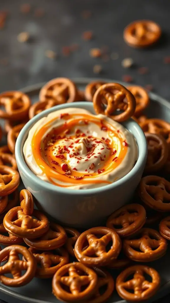 A bowl of Sriracha cream cheese dip surrounded by pretzels.