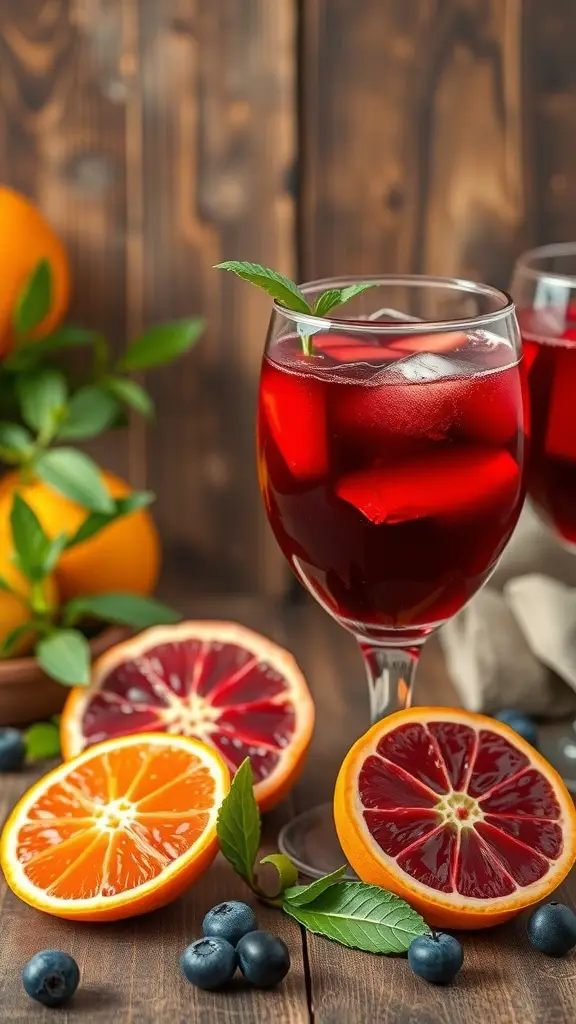 A glass of red wine and blood orange sangria with fresh blood oranges and blueberries on a wooden table.