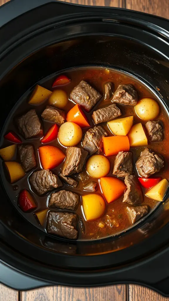 A close-up view of beef and vegetable stew in a crockpot, featuring chunks of beef, potatoes, carrots, and bell peppers in a rich broth.