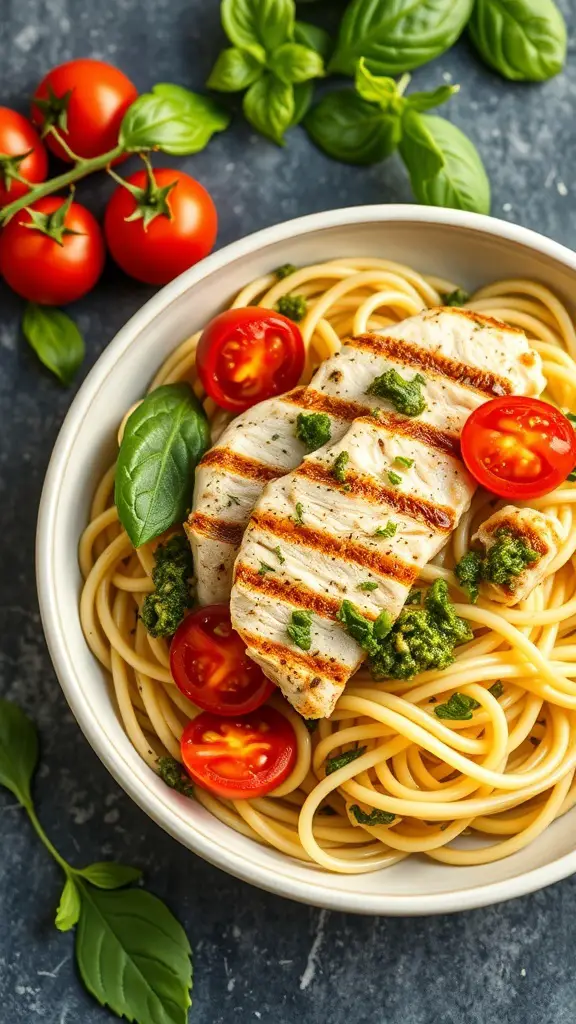 A bowl of zucchini noodles topped with grilled chicken, pesto, and cherry tomatoes, garnished with fresh basil.