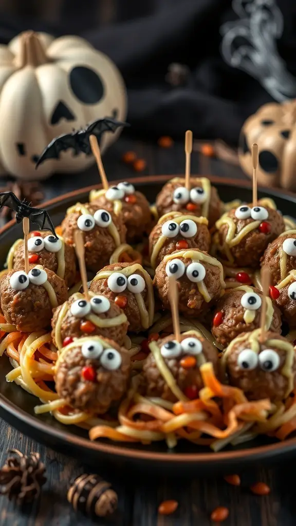 A platter of Monster Mash Meatballs with spaghetti and candy eyes, perfect for Halloween.