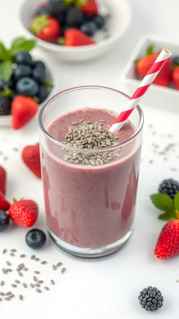 A glass of berry chia seed smoothie topped with chia seeds and a striped straw, surrounded by fresh berries.